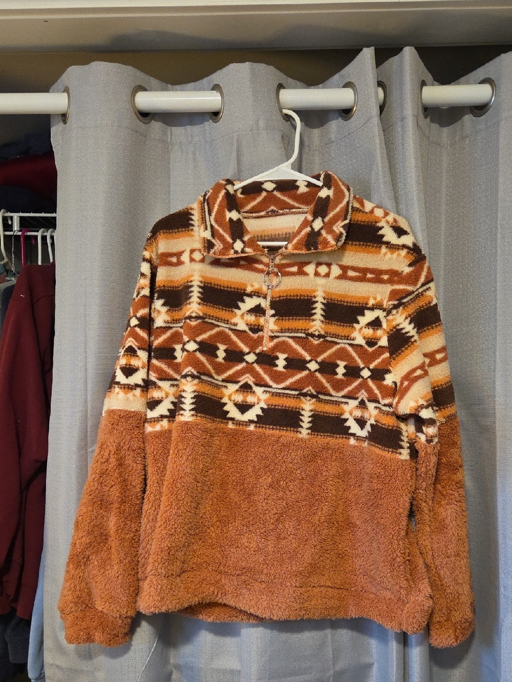 Women's Sherpa Pullover Fleece in Rust Aztec - 1/4 Zip
